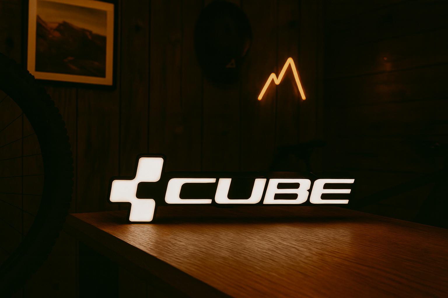 Illuminated Cube light box glowing white logo on black background