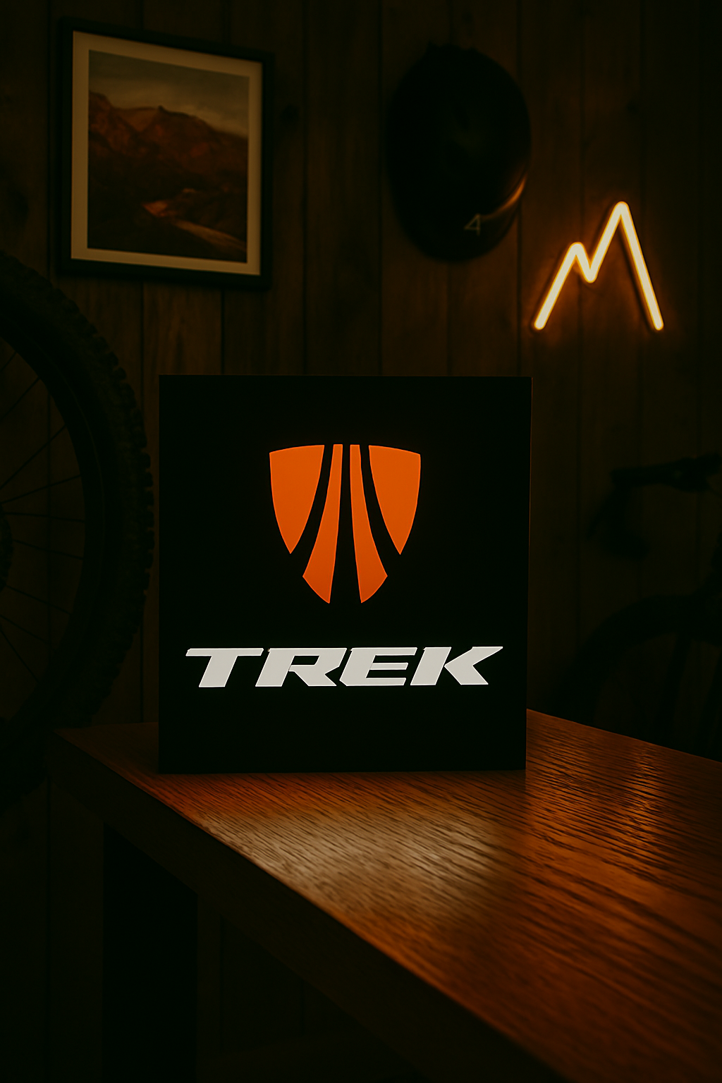 Illuminated Trek light box glowing red and white logo