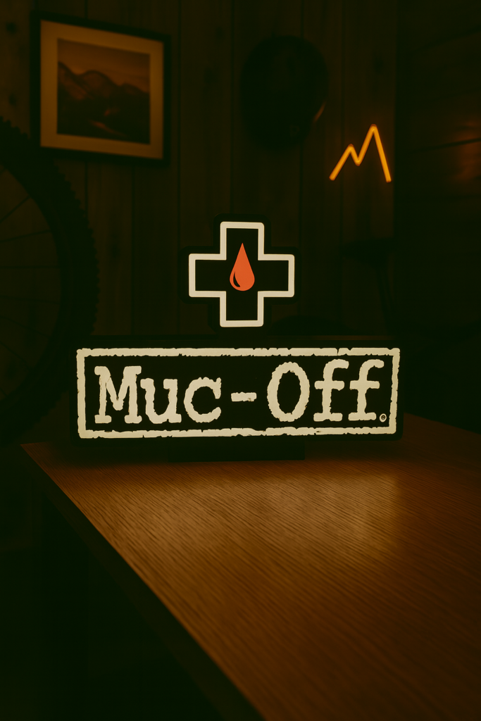 Illuminated Muc-Off light box glowing pink and black logo