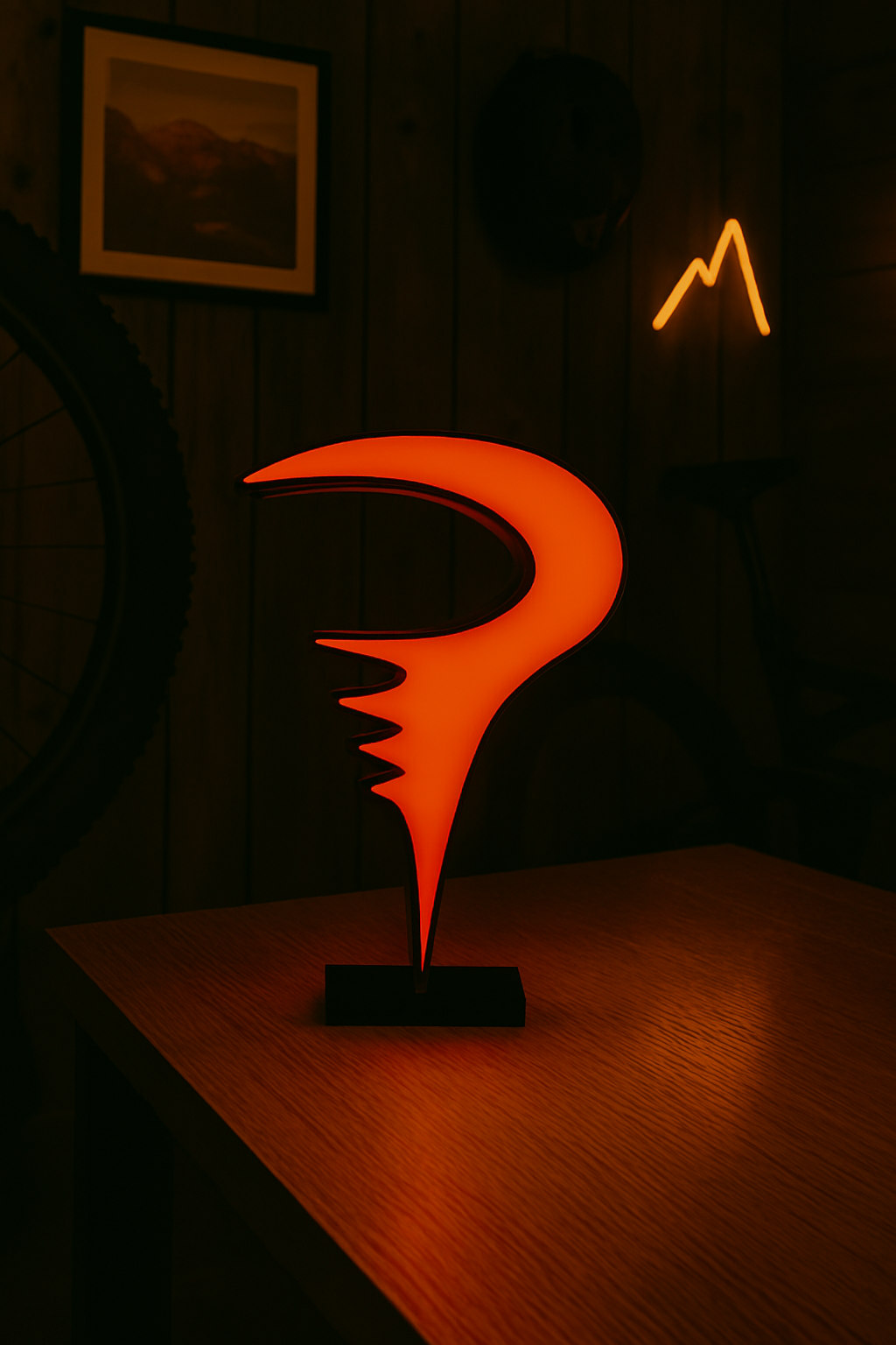 Illuminated Pinarello logo light box glowing white on black background